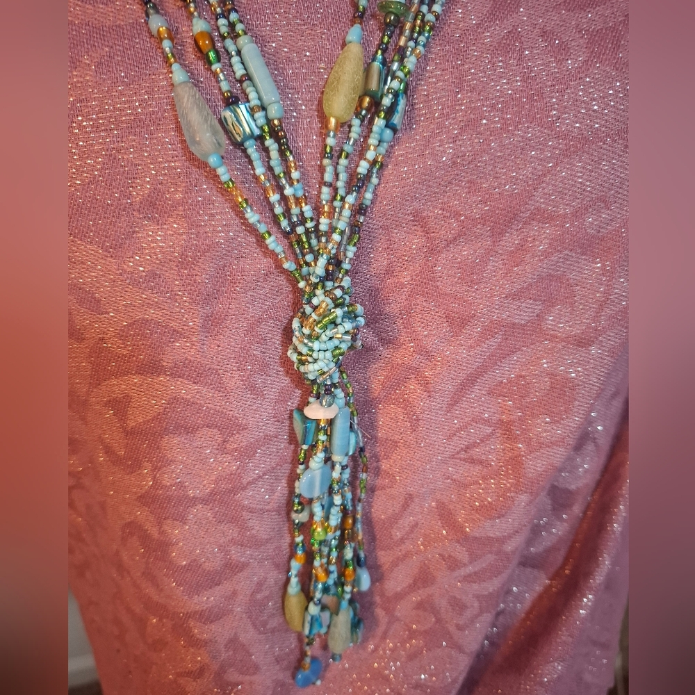 🪼Vintage Blue Seed Glass Bead Turquoise Lariat Strand Long Native Necklace